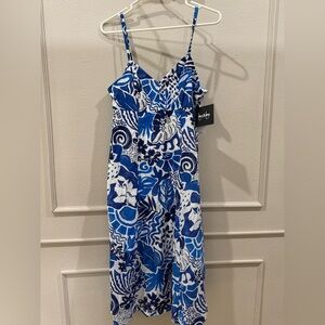 NWT by & by women’s M sleeveless blue & white tropical floral A line Midi dress